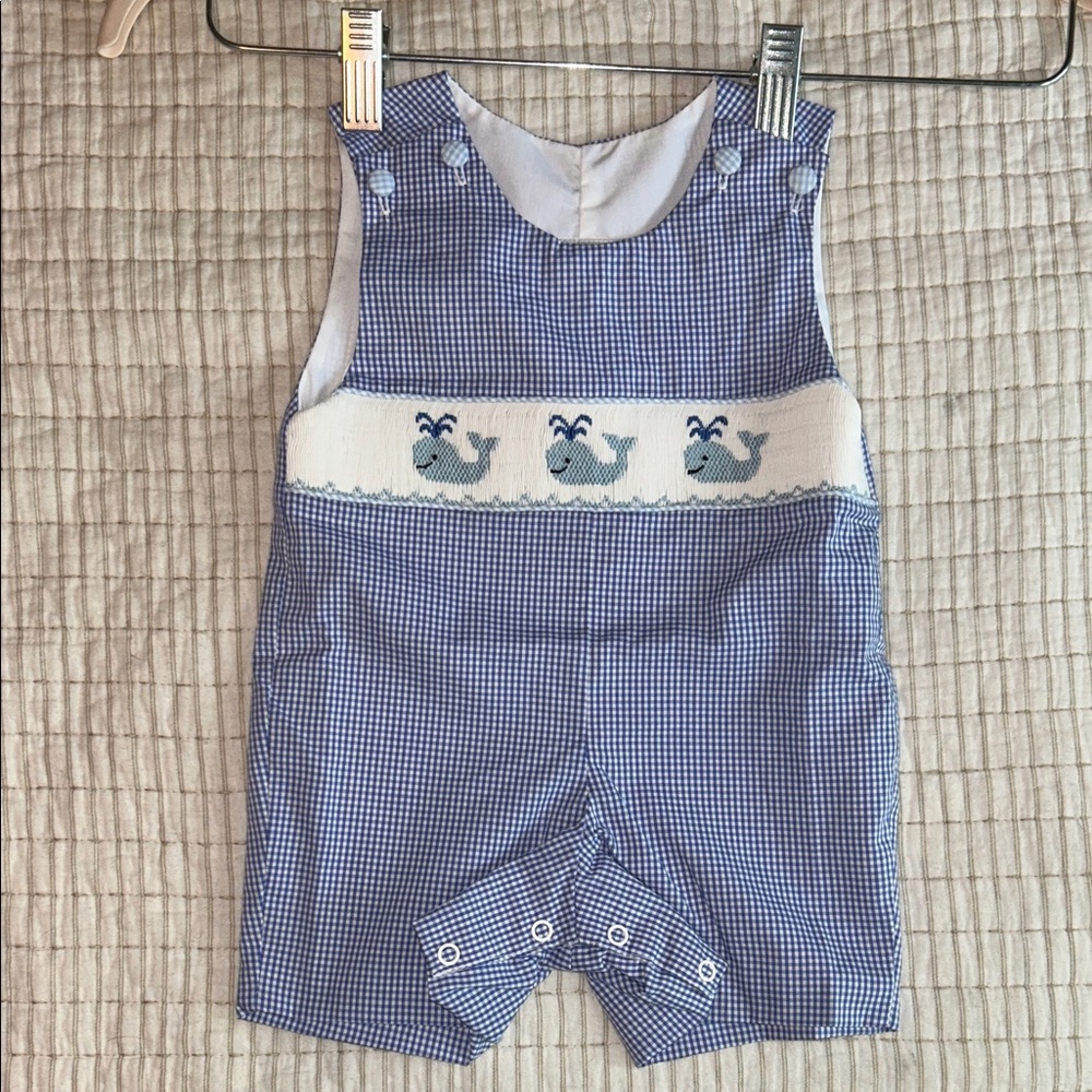 Blue Gingham Baby Romper with Whale Design NWOT sz 3-6m